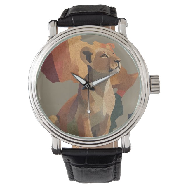Geometric Mosaic Lioness with Stylized Africa Map  Watch (Front)