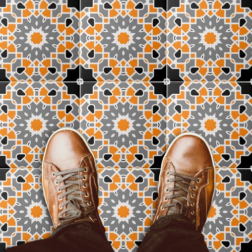 Geometric Mosaic Moroccan Orange Black White Gray Ceramic Tile
