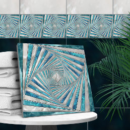 Geometric Mosaic Spiral - Aquamarine and Pearl Ceramic Tile