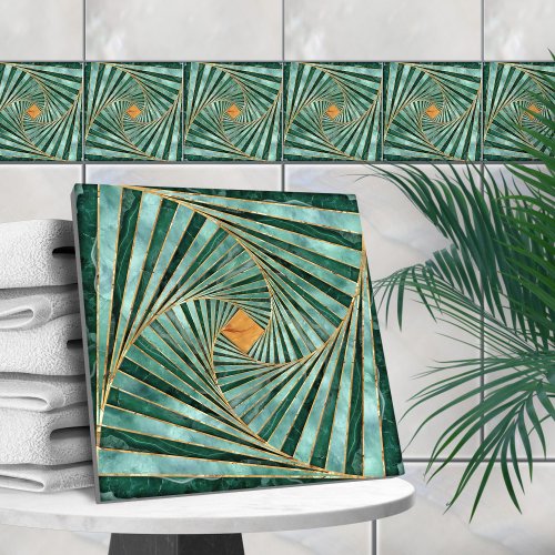 Geometric Mosaic Spiral _ Green Marble and Gold Ceramic Tile