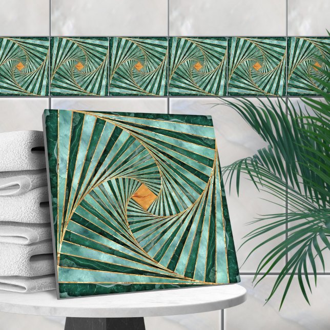 Geometric Mosaic Spiral - Green Marble and Gold Ceramic Tile (Creator Uploaded)