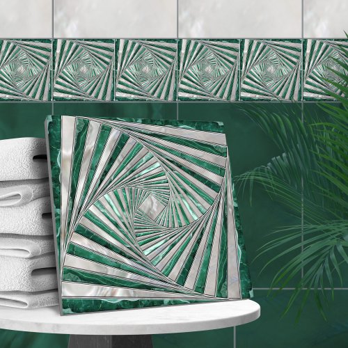 Geometric Mosaic Spiral _ Green Marble and Pearl Ceramic Tile