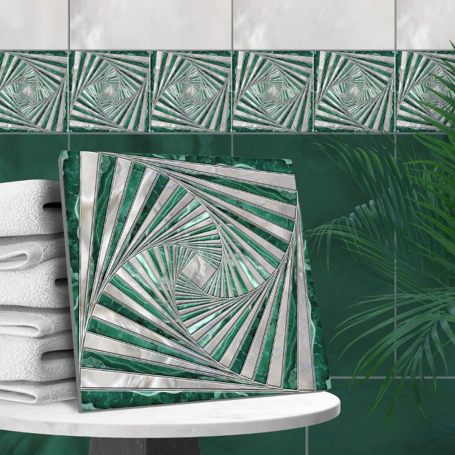 Geometric Mosaic Spiral - Green Marble and Pearl Ceramic Tile (Creator Uploaded)