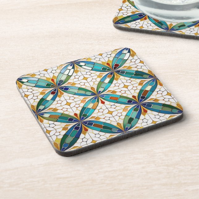 Geometric Mosaic Tile Pattern#5 Teal  White ID1078 Beverage Coaster (Left Side)