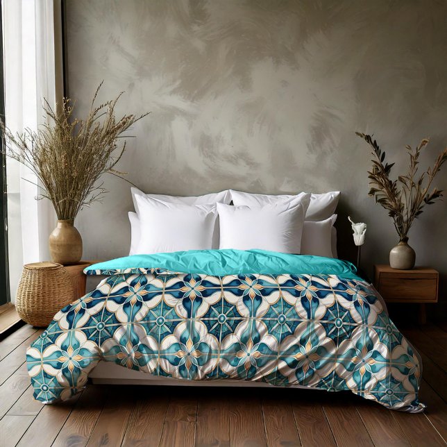 Geometric Mosaic Tile Pattern#5 Teal  White ID1078 Duvet Cover (Creator Uploaded)