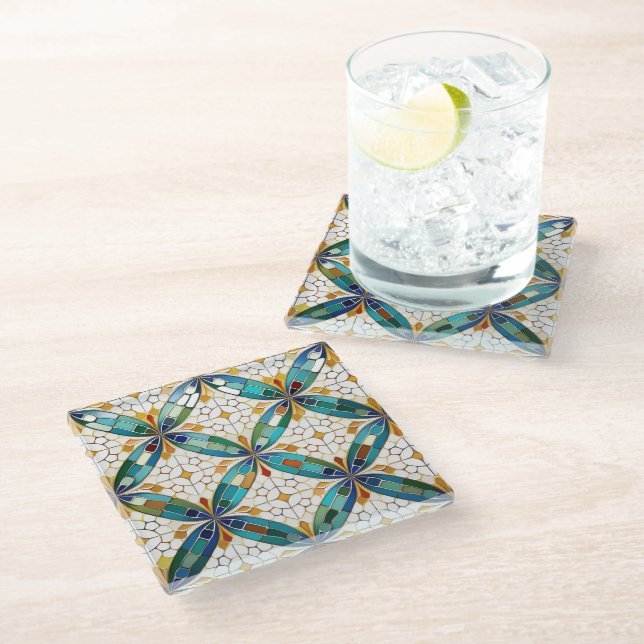 Geometric Mosaic Tile Pattern#5 Teal  White ID1078 Glass Coaster (Angled)