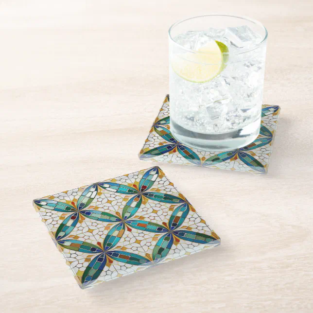 Geometric Mosaic Tile Pattern#5 Teal White ID1078 Glass Coaster | Zazzle