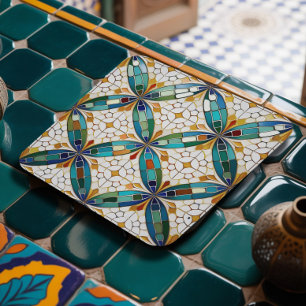 Geometric Mosaic Tile Pattern#5 Teal White ID1078 Square Paper Coaster