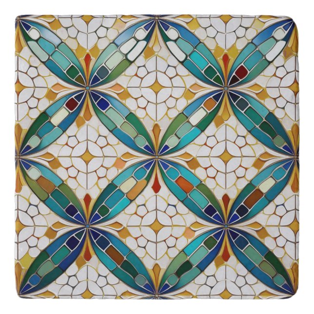 Geometric Mosaic Tile Pattern#5 Teal  White ID1078 Trivet (Front)