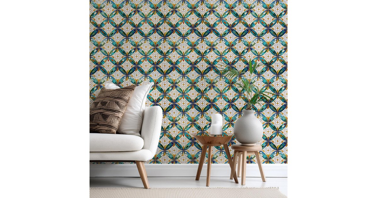 Geometric Mosaic Tile Pattern#5 Teal White ID1078 Wallpaper | Zazzle