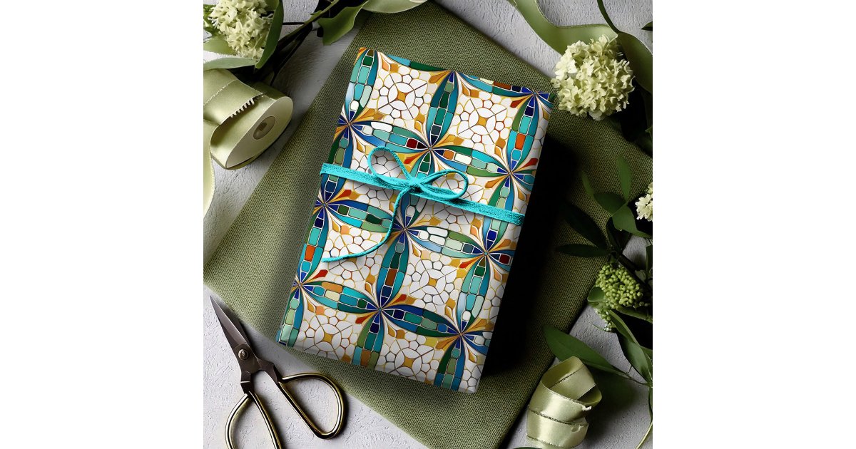 Geometric Mosaic Tile Pattern#5 Teal White ID1078 Wrapping Paper | Zazzle