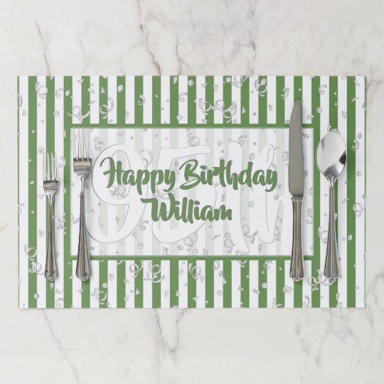 Geometric Moss Green/White Stripe Happy Birthday Paper Placemat
