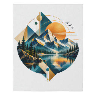 Geometric Mountain Lake Sunset Landscape Faux Canvas Print