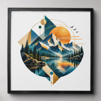 Geometric Mountain Lake Sunset Landscape Peel And Stick Photo Tile