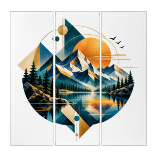 Geometric Mountain Lake Sunset Landscape Triptych
