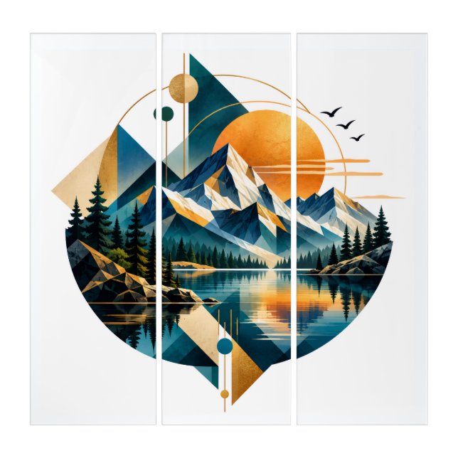 Geometric Mountain Lake Sunset Landscape Triptych (Front)