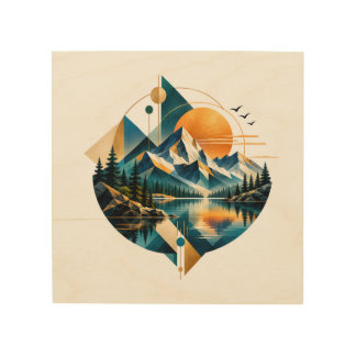 Geometric Mountain Lake Sunset Landscape Wood Wall Art