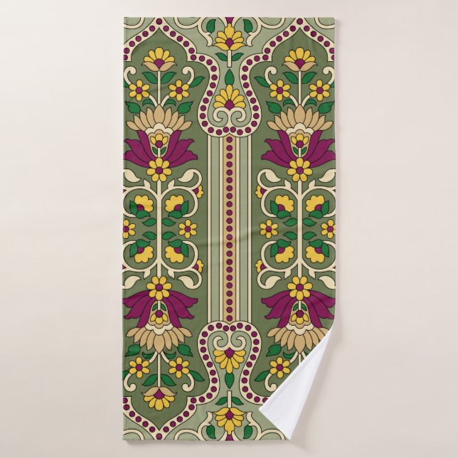Geometric Mughal Paisley pattern on green backgrou Bath Towel (Bath Towel)
