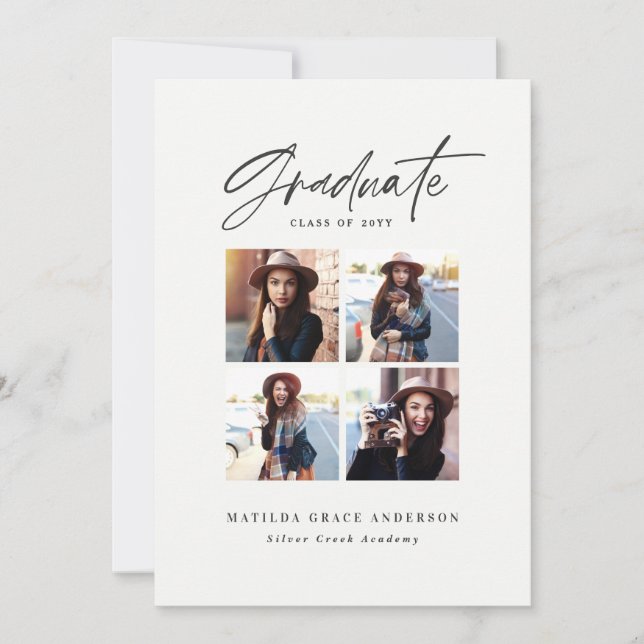 Geometric multi photo navy blue graduation announcement (Front)