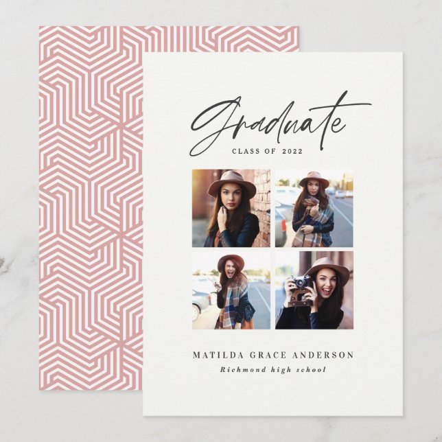 Geometric multi photo typography graduation pink announcement (Front/Back)