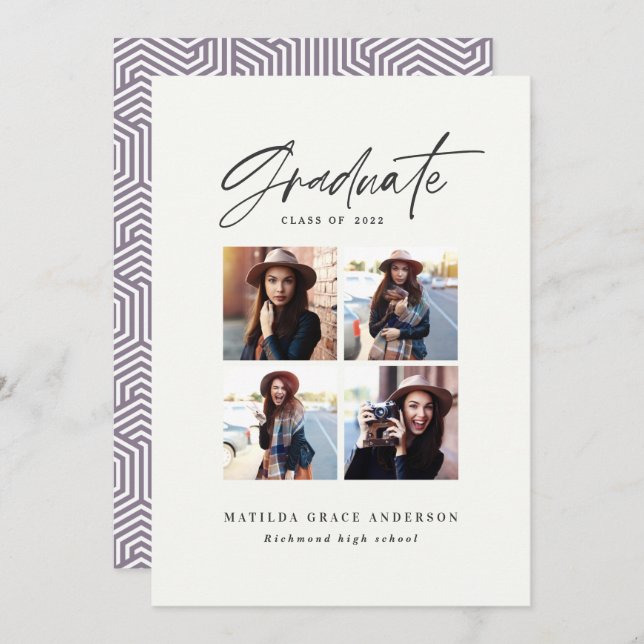 Geometric multi photo typography graduation purple announcement (Front/Back)