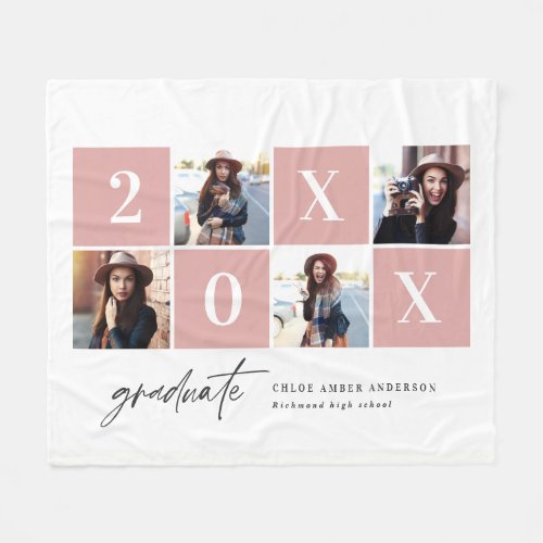 Geometric multi photo typography pink graduation  fleece blanket