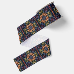 Geometric multicolored pattern with brown flower grosgrain ribbon