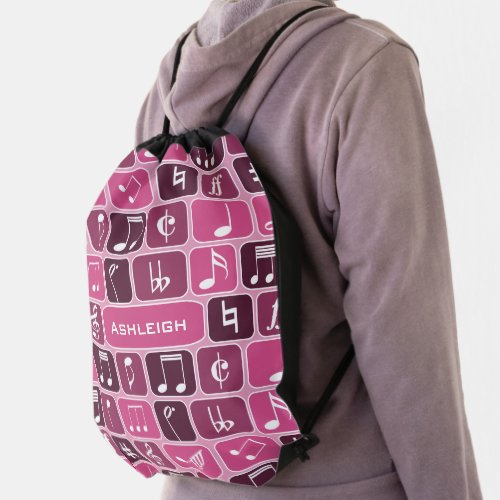 Geometric Music Notes Pink Drawstring Bag