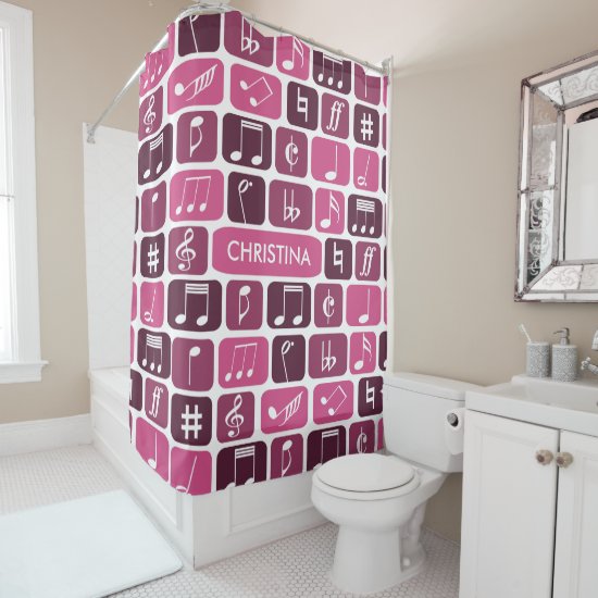 Geometric Music Notes Pink Shower Curtain