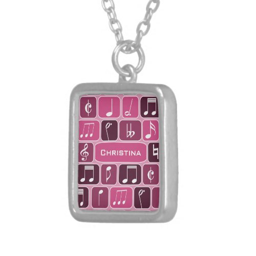Geometric Music Notes Pink Silver Plated Necklace