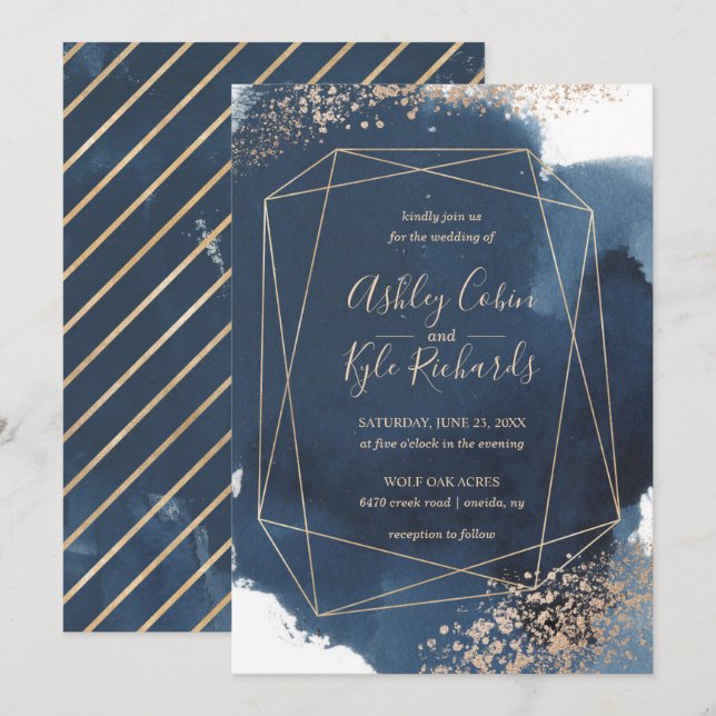 Geometric Navy and Gold Frame Watercolor Invitation (Front/Back)