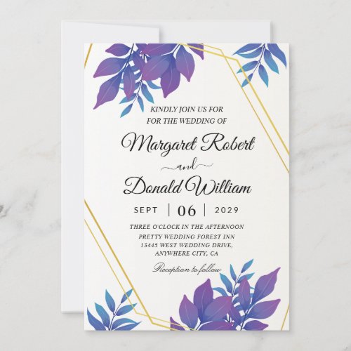Geometric navy and purple wedding invitations