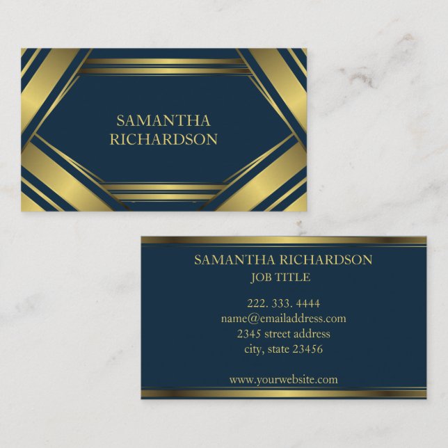  Geometric Navy Blue And Gold Stripes Professional Business Card (Front/Back)