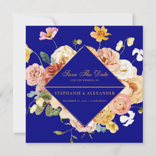 Geometric Navy Blue Floral Save The Date