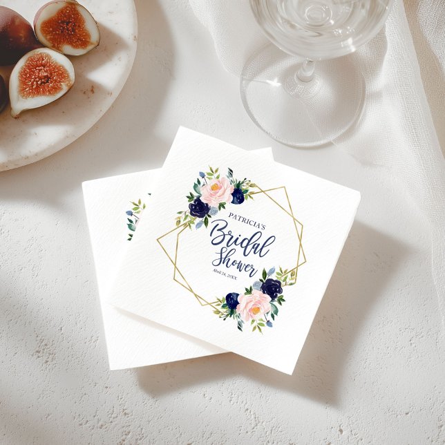 Geometric Navy Blue Gold Floral Bridal Shower Napkins (Creator Uploaded)