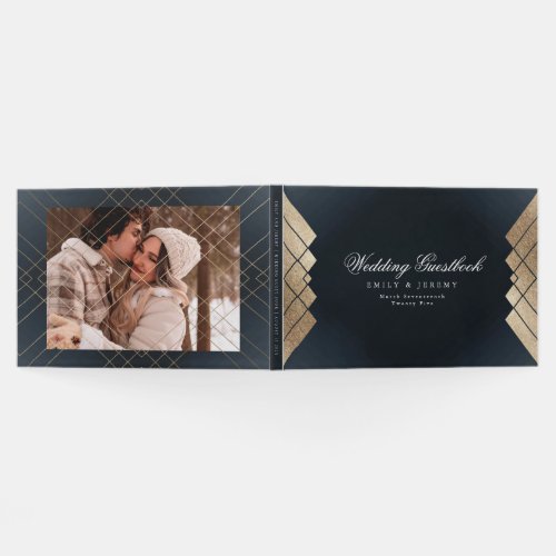 Geometric Navy Blue Gold Gatsby Photo Wedding Guest Book