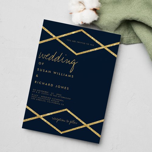 Geometric navy blue gold glitter diamond wedding i invitation