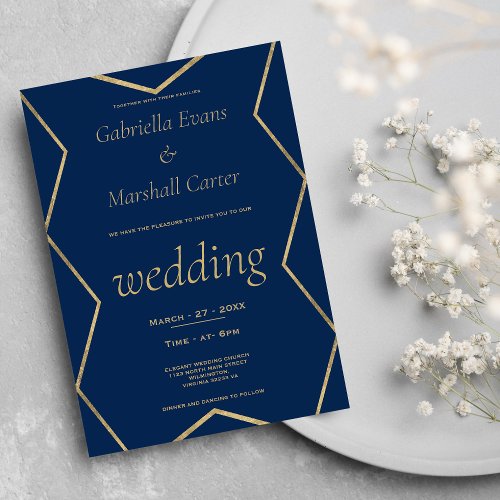 Geometric navy blue gold script typography wedding invitation