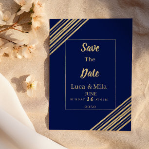 Geometric navy blue gold typography Save the Date Invitation