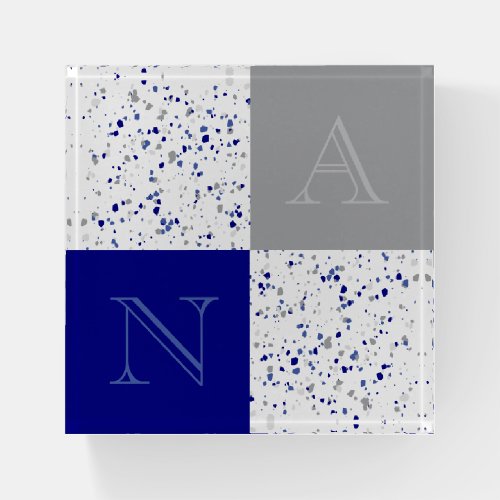 Geometric Navy Blue Grey Terrazzo Monogram Paperweight
