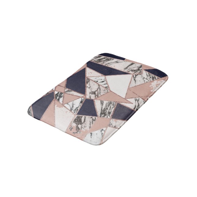 Geometric Navy Blue Peach Marble and Rose Gold Bathroom Mat (Angled)