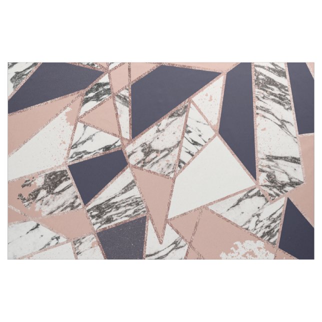 Geometric Navy Blue Peach Marble and Rose Gold Fabric (Yard)