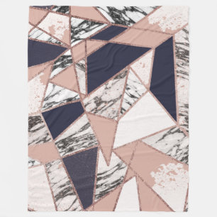 Geometric Navy Blue Peach Marble and Rose Gold Fleece Blanket