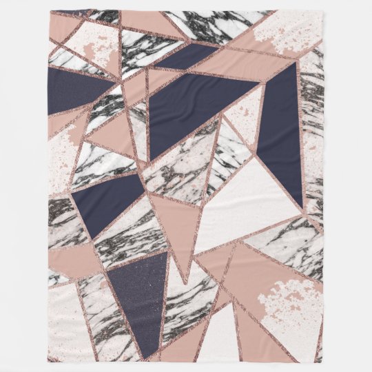 Geometric Navy Blue Peach Marble and Rose Gold Fleece Blanket