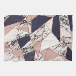 Geometric Navy Blue Peach Marble and Rose Gold Kitchen Towel