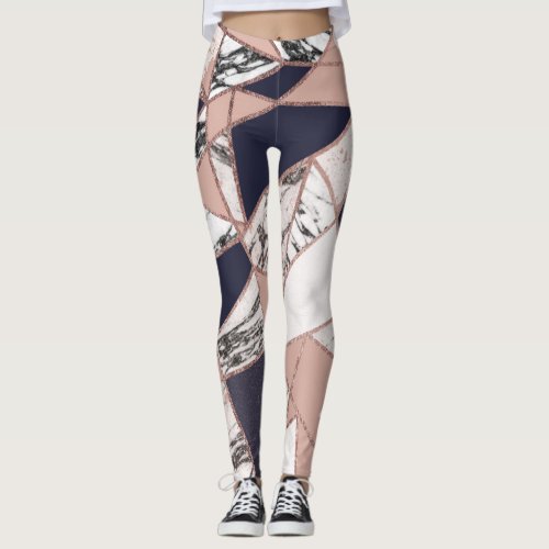 Geometric Navy Blue Peach Marble and Rose Gold Leggings