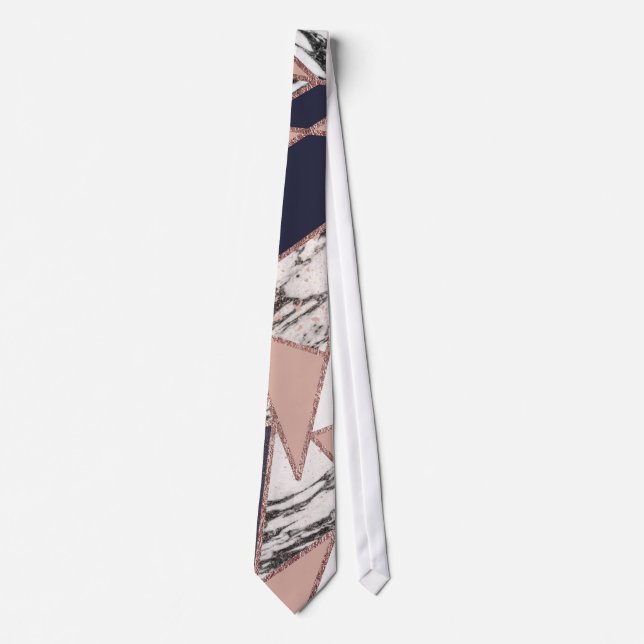 Geometric Navy Blue Peach Marble and Rose Gold Neck Tie (Front)