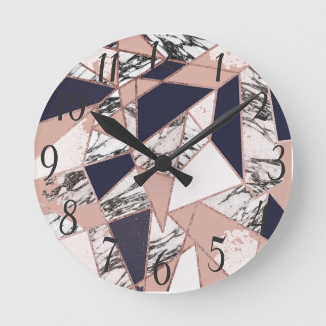 Geometric Navy Blue Peach Marble and Rose Gold Round Clock (Front)