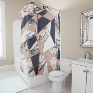Geometric Navy Blue Peach Marble and Rose Gold Shower Curtain