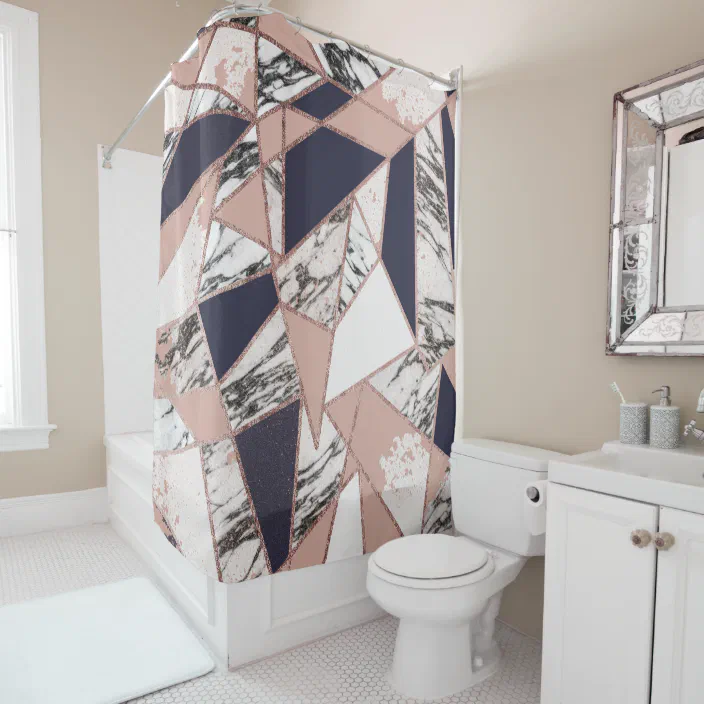 Geometric Navy Blue Peach Marble And, Navy Blue Marble Shower Curtain